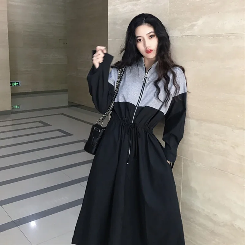 

Patchwork Sweatshirt Dress Plus Size Female Long Sleeve Dresses with Drawstring Women Autumn Jackets 2020 Korean Fashion L0048