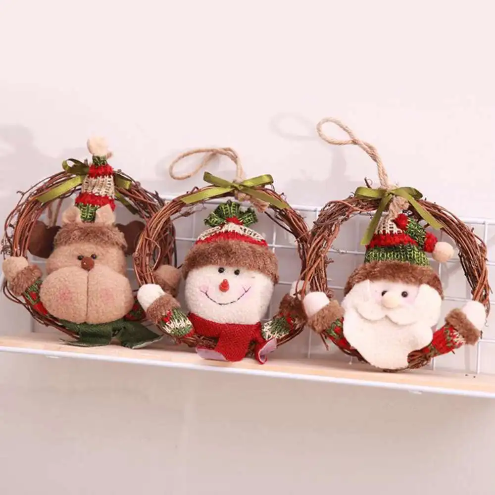 

2 Pcs/Set Christmas Rattan Ring Pendant Santa Claus Snowman Elk Wreath Rings Ornament Xmas New Year Home Party Decoration