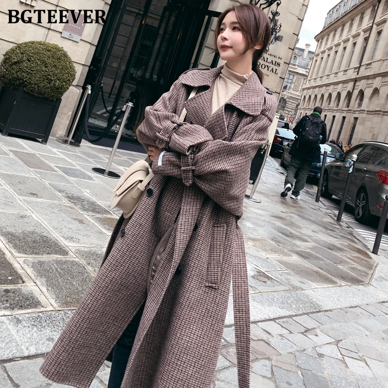 BGTEEVER элегантное клетчатое Женское пальто с поясом на пуговицах женское длинное