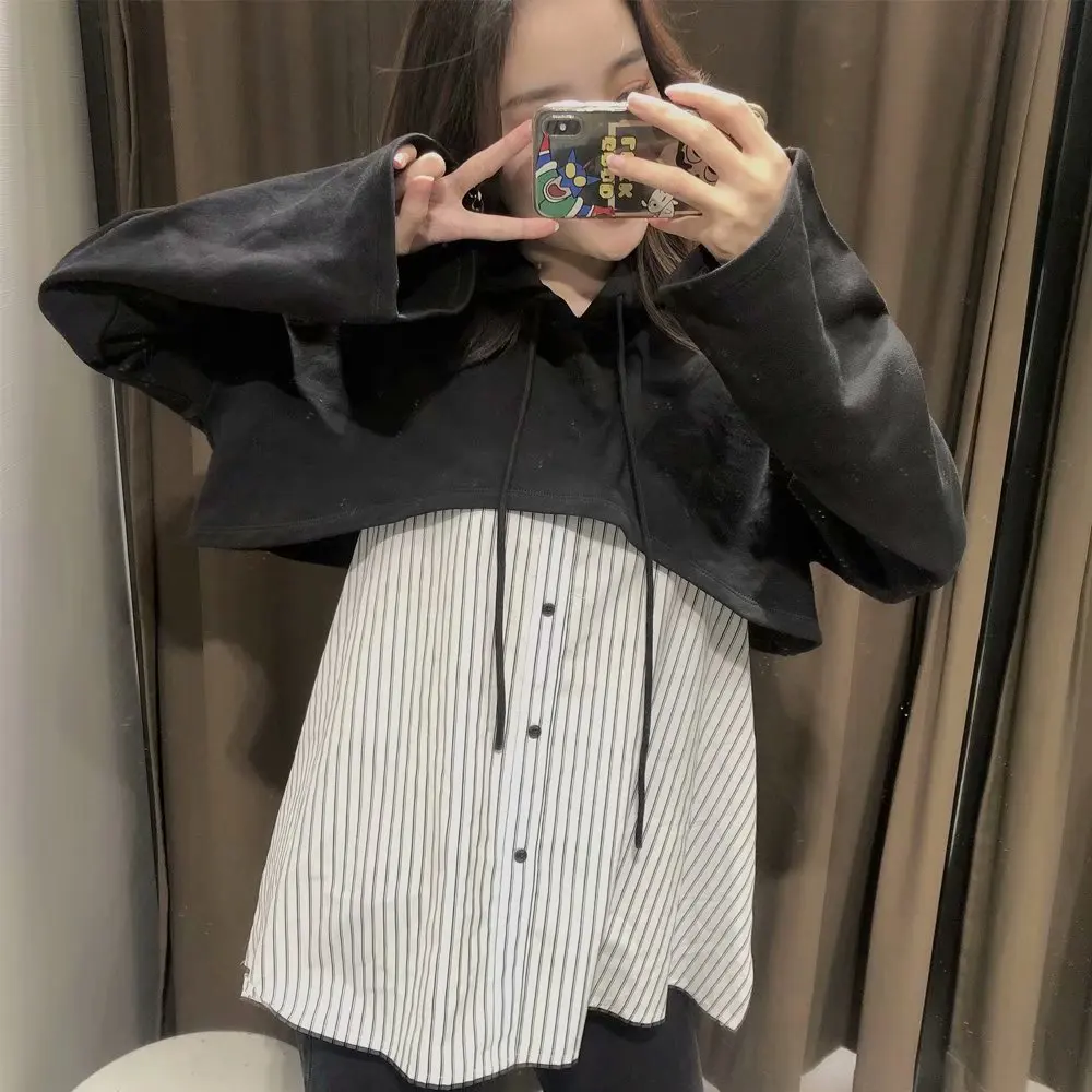 

2021 spring new fake two-piece loose hooded off-shoulder sleeve short sweater T-shirt for women