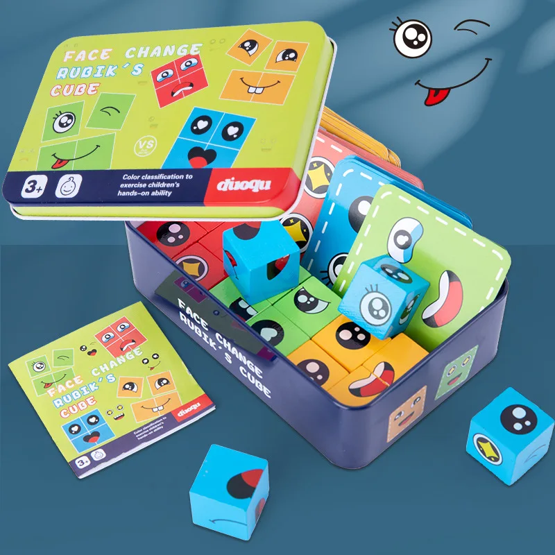 Cubo m&aacute;gico que cambia la cara de madera, bloques de construcci&oacute;n, caja de hierro, rompecabezas para ni&ntilde;os, juguetes interactivos de Educaci&oacute;n Temprana, regalos-1