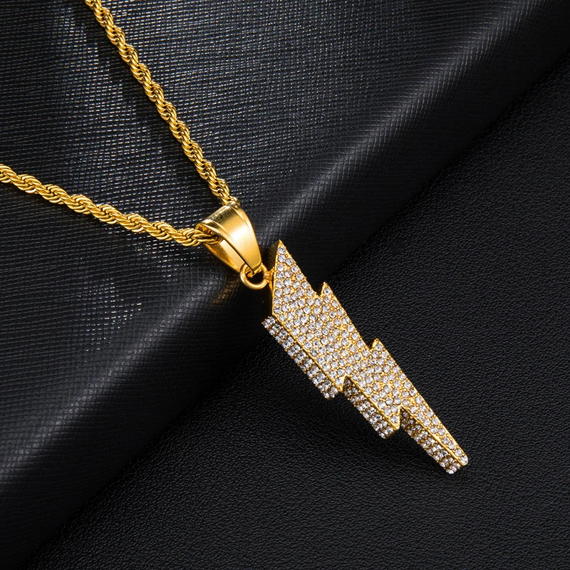 Хип-хоп панк Подвеска с молнией Iced Out Bling Gold Crystal Charm цепочка из нержавеющей стали