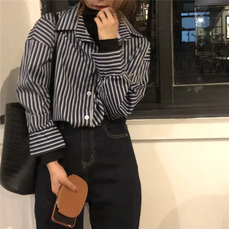 

HziriP 2021 Chic Fashion Striped Women Gentle Blouses Geometric Tops All Match Loose Femme Elegant Office Lady Women Shirts