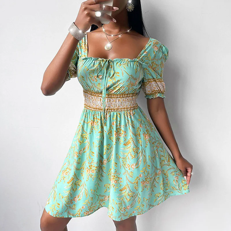 

Women Elegant Short Sleeve Summer Dress Lady Sexy Square Collar Tie-up Backless Mini Dress Casual Floral Print Party Beach Dress
