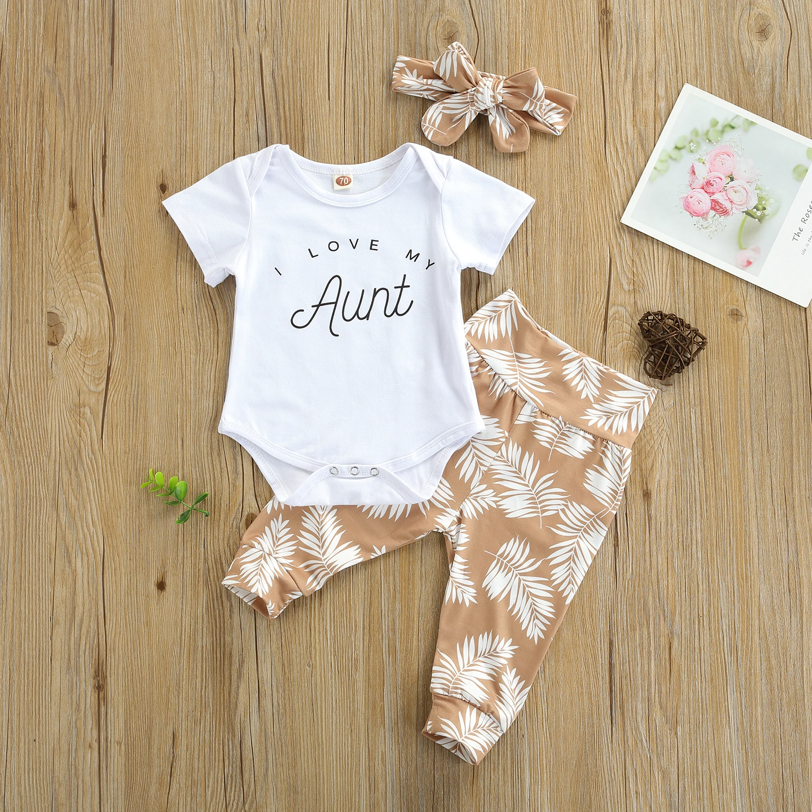 3Pcs Summer Baby Girls Outfits Letters Short Sleeve O-Neck Romper + Leaf Print Elastic Waist Pants Bow-Knot Headband | Детская одежда и