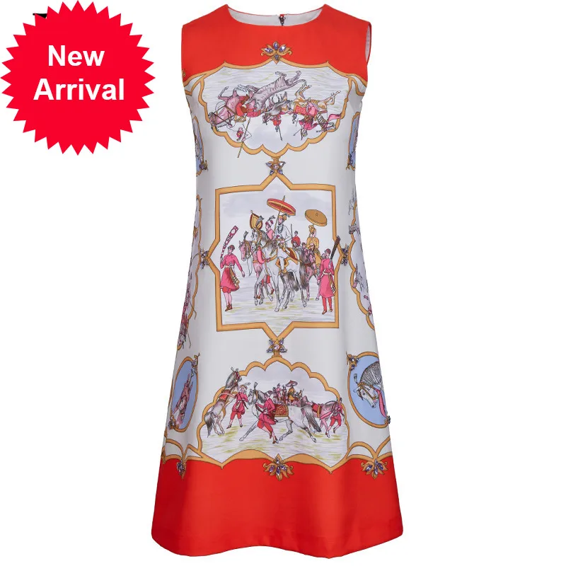 

New 2021 Summer Fashion Runway Short Dress Women Sleeveless Printed Beading Mini Vintage Dress vestidos