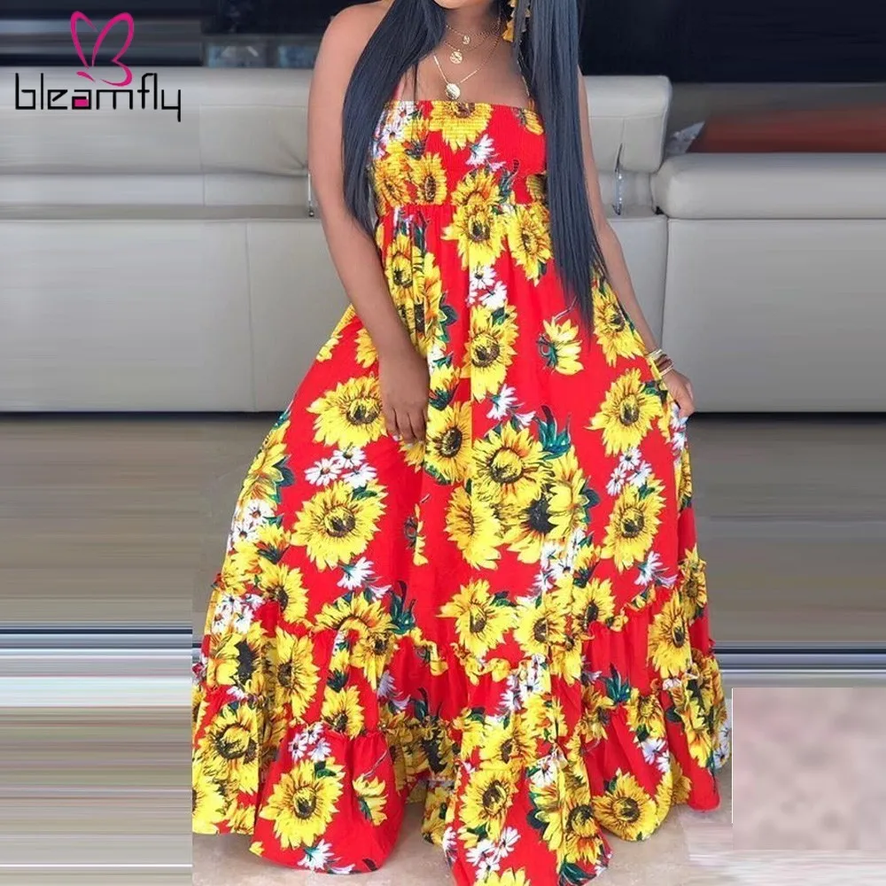 Длинное платье в стиле бохо с принтом подсолнуха женские сексуальные вечерние