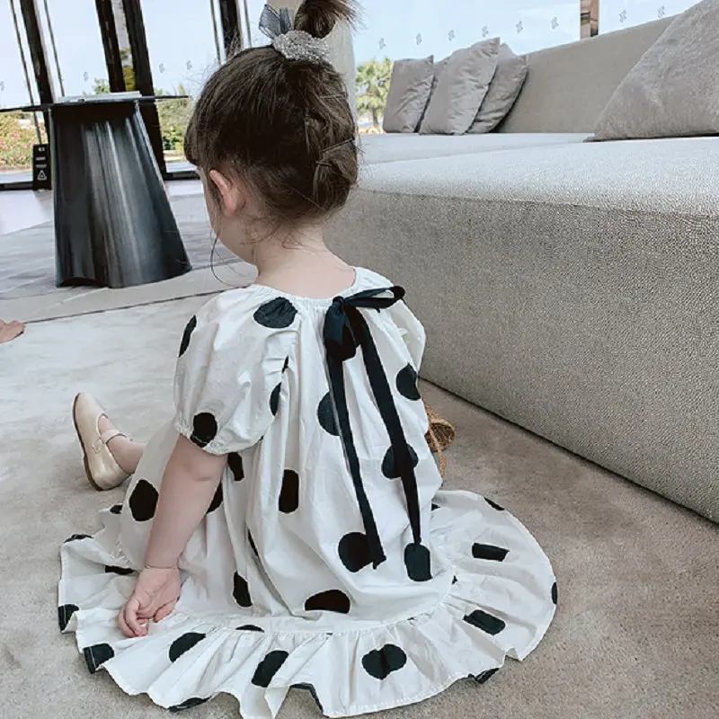 

2021 New Summer Girls' Dress Fashion Bow Puff Sleeve Polka Dot Party Princess Dress Cute Children's Baby Kids Girls Clothing