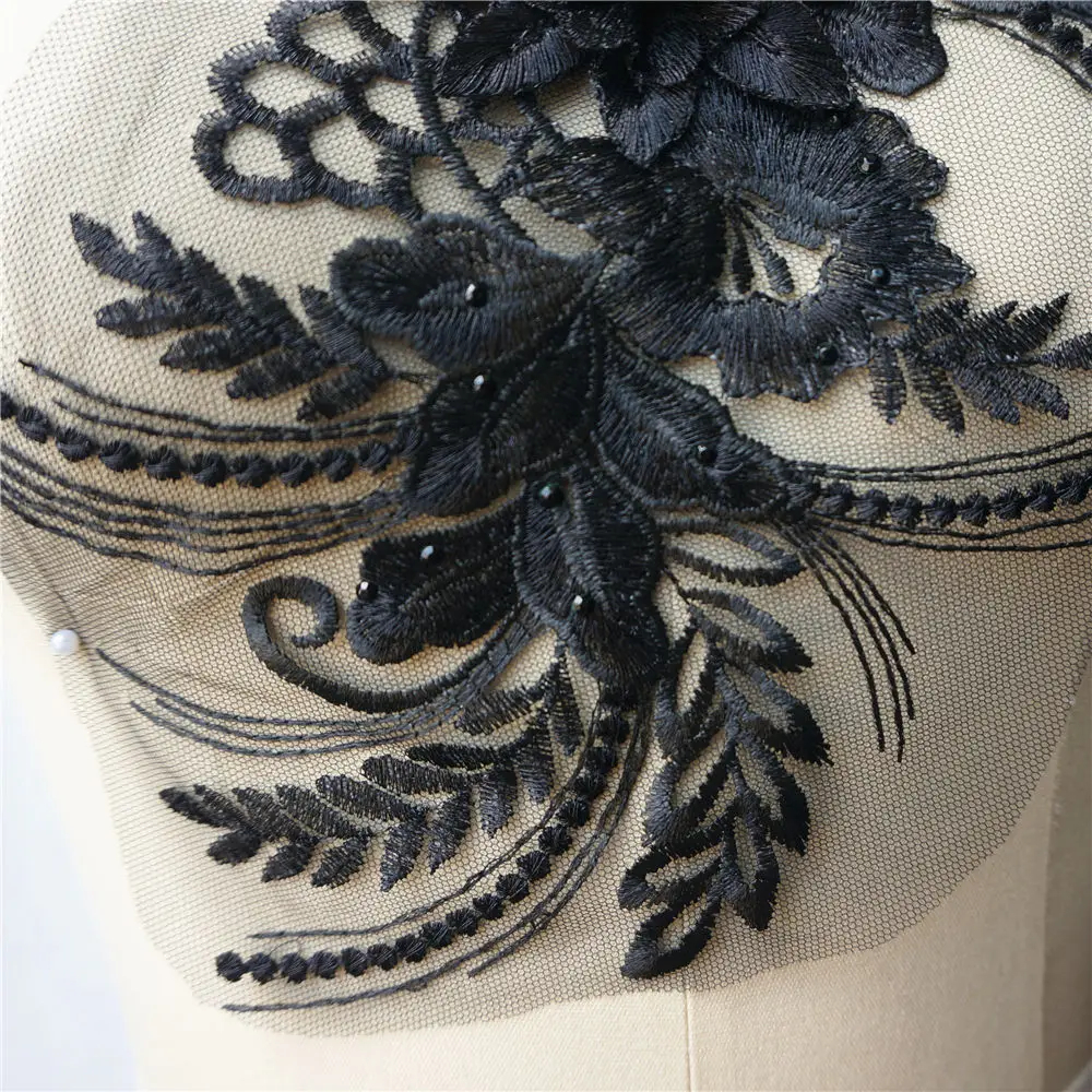 Черная вышитая кружевная ткань 3D цветок кисточки стразы аппликации отделка для