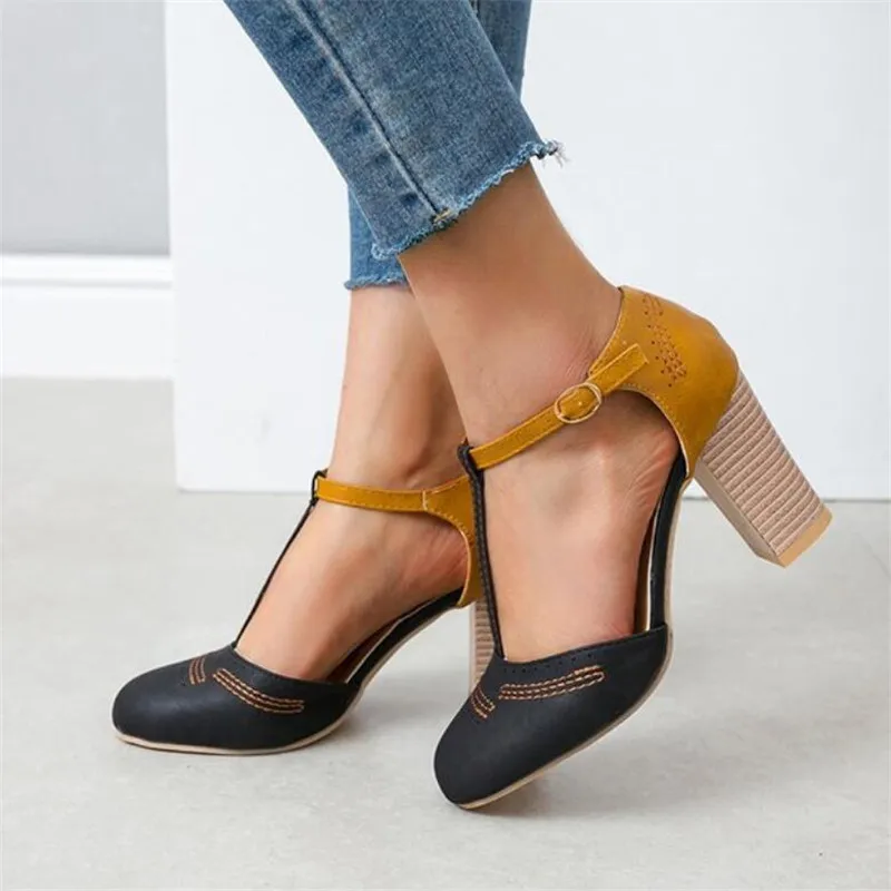 

Ladies High Round Toe Heel Sandals Women Cover Heel Buckle Strap Sandals 2020 Summer Female Chunky Heel Shoes Big Size 43