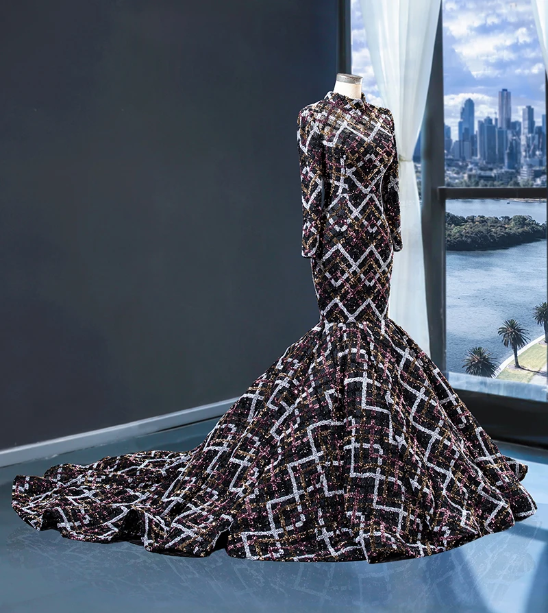J67018 jancember mermaid evening dress with lace high neck floor length ruched pleat pattern party long dress robe longue soiree