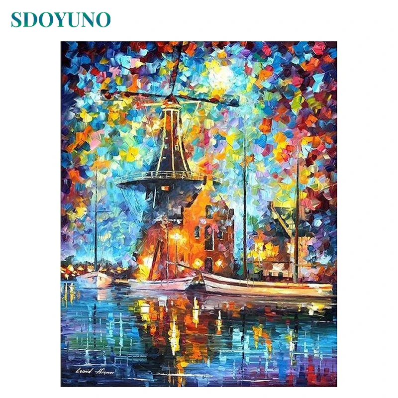 

SDOYUNO 60x75cm Oil Painting By Numbers Kits DIY Pictures By Numbers On Canvas Colorful Abstract Windmill Frameless Home Decor