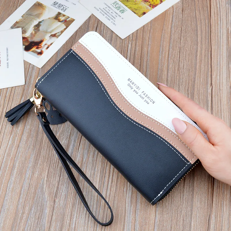 

Women Wallets Stitching Long Zipper Wristband Female Color Letter Print Card Holder Coin Purses Ladies Tassel Multi-card Wallets