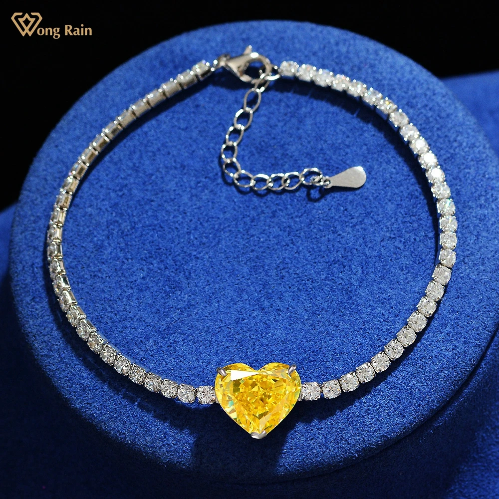 

Wong Rain 100% 925 Sterling Silver Heart Cut 10*14 MM Created Moissanite Gemstone Anniversary Charm Bracelet Bangle Fine Jewelry