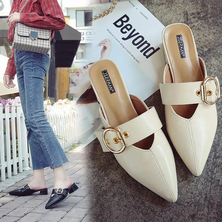 

Shoes Woman's Slippers Slides Fashion Cover Toe Square heel Loafers Med 2021 Luxury Block Pointed Rubber Fabric PU