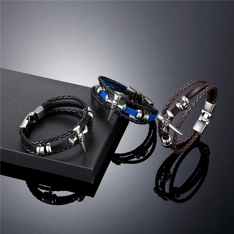 2020 винтажный кожаный браслет Мужская мода череп многослойный вязаный манжета в
