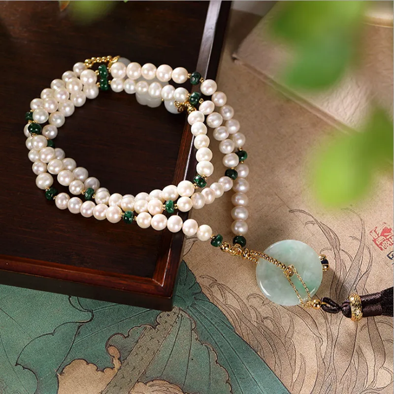 Женские ожерелья с изумрудами из нефрита натуральным жемчугом топ класса люкс