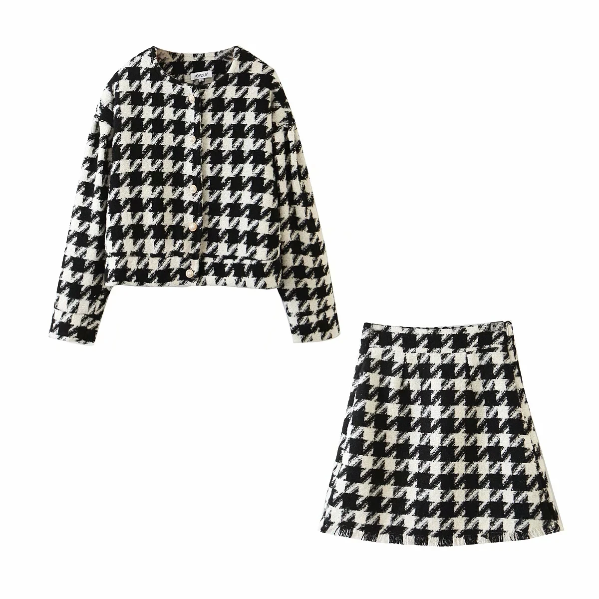 

Vintage Sweet Women Pearl Button Check Gingham Plaid Blazer High Waist A line Mini Short Skirts Long Sleeve Suits 2 Pieces Set