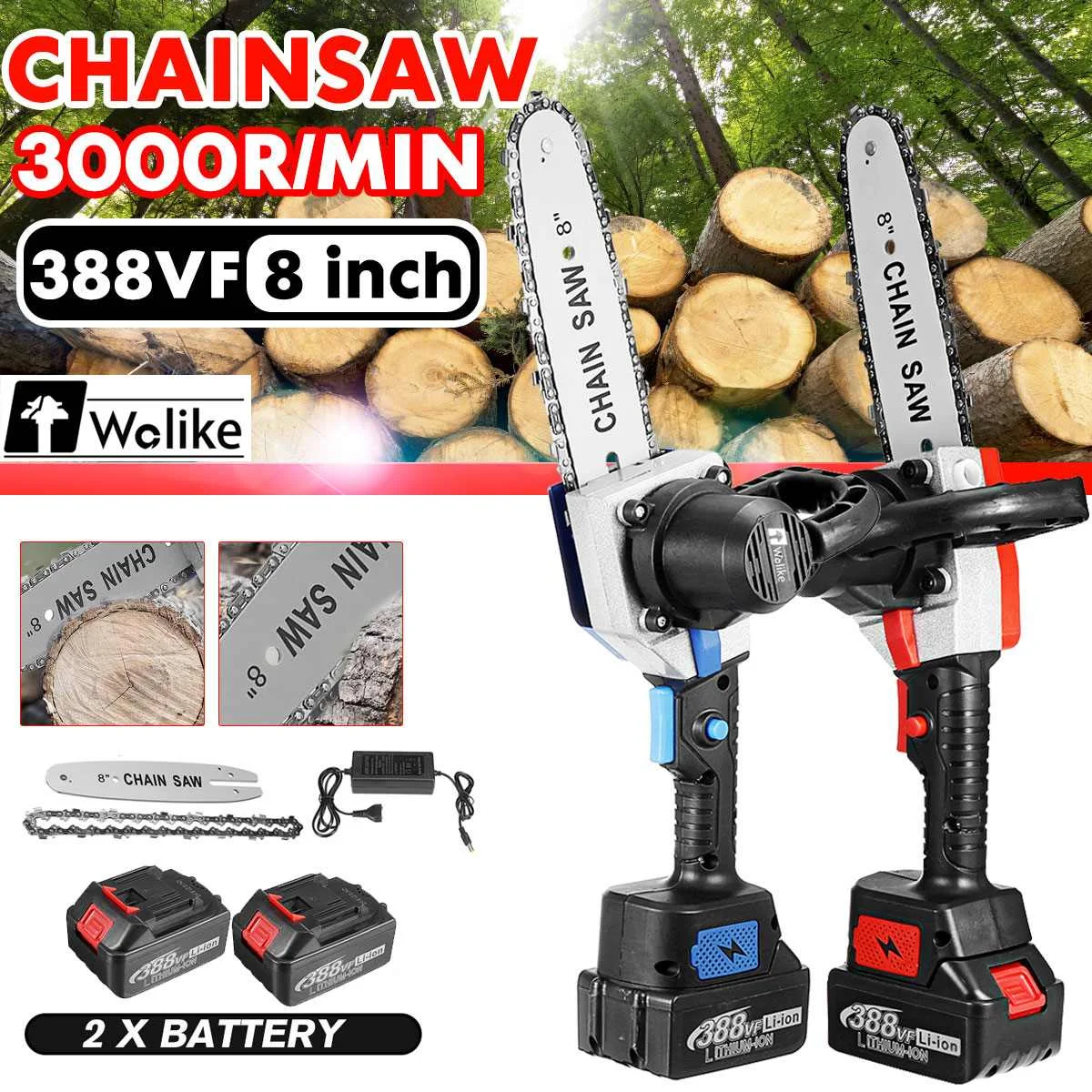 

Wolike 388VF 3000W 8 inch mini Electric Chain Saw Rechargeable Chainsaw 2 Batteries Garden Power Tool for Makita 18V Battery