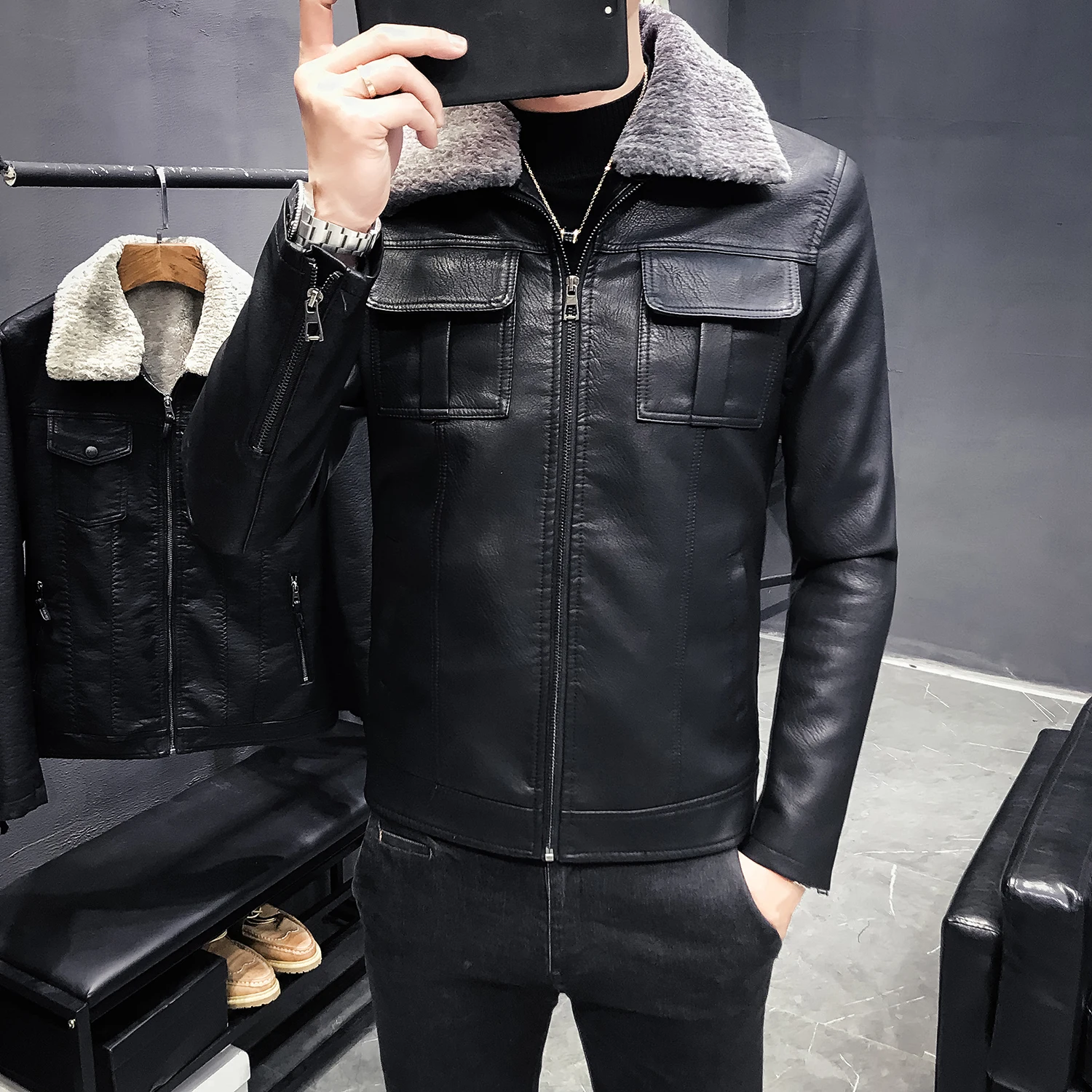 Мужская кожаная куртка с меховым воротником приталенная мотоциклетная Chaqueta Marron