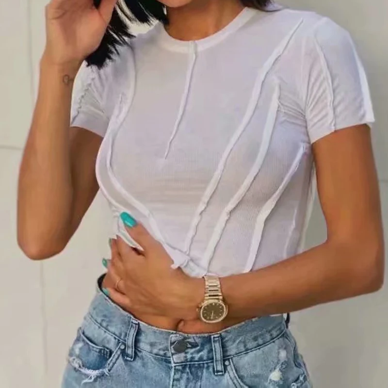 

BKLD 2021 Summer Simple T Shirt 3 Colors Short Sleeve Irregular Stitching Stripe Women Casual Irregular Crop Top Streetwear Tees