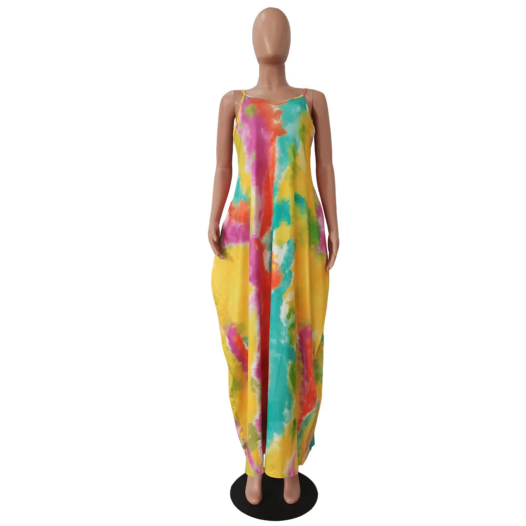 

Casual Women Loose Long Dress Spaghetti Strap Sleeveless Print Tie Dye Dress Summer Beach Clothes Vestidos