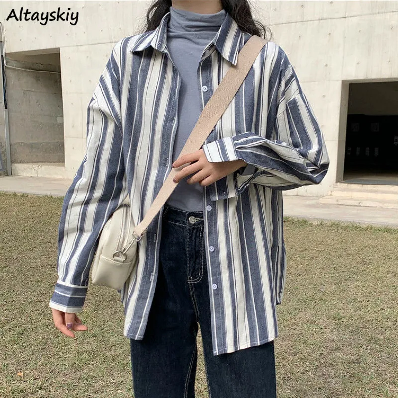 

Женские свободные рубашки в стиле преппи для студентов в Корейском стиле универсальные полосатые женские весенние повседневные однобортн...