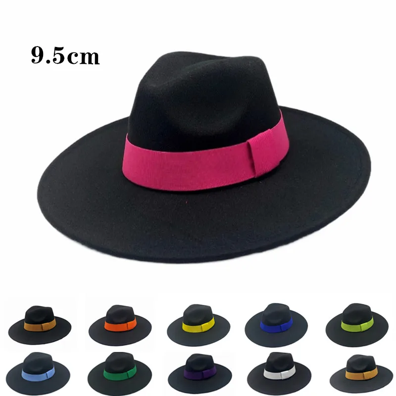 

9.5CM Wide Brim Women Wool Black Fedora hat ladies color matching top hat men's hat simple wide brim autumn fashion jazz hat