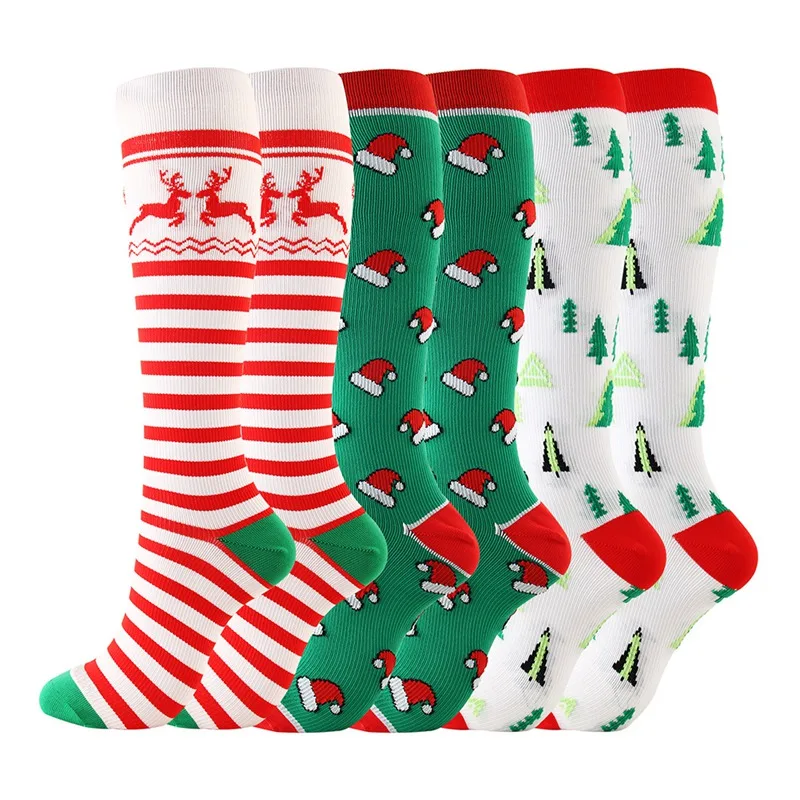 

Mens Compression Socks Men Socks Knee High/Long Christmas Cap Tree Deer Striped Printed Sport Cycling compression socks