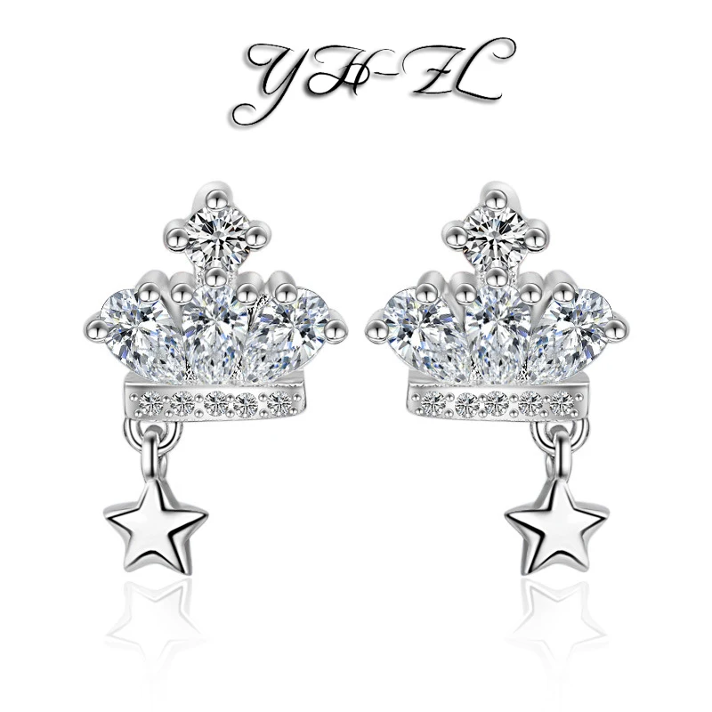 

YH-ZL 925 Sterling Silver Earrings Luxurious Mosaic Shiny CZ Zircon Crown Earrings oorbellen brincos pendientes