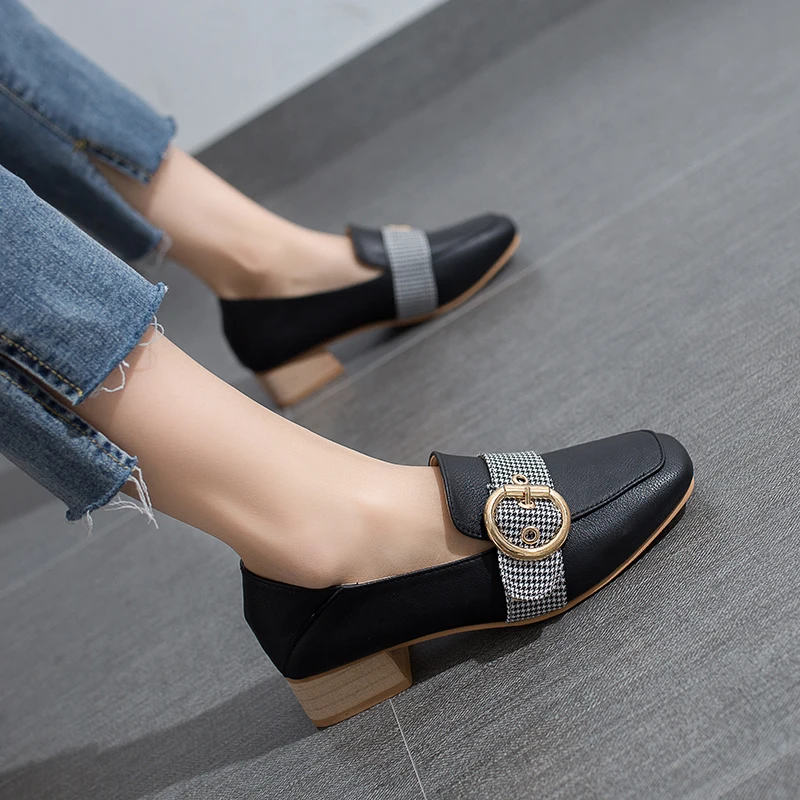 

2019 New Women Shoes Woman Plus Size Gingham Metal Buckle Round Toe Casual Shoes Slip On Thick Block Med Heels Sexy Ladies Pumps