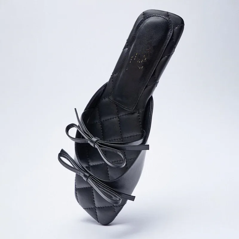 

ZA Flat Sandals For Women 2021 Summer New Fairy Style Black with Two Bow Large Size Female Slipprs