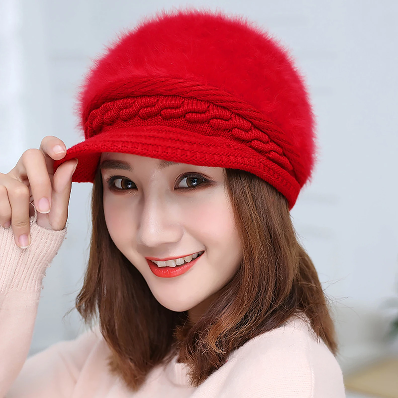 

Autumn Winter Hats Outdoor Casual Beanies Knitted Faux Rabbit Fur Warm Beret Cap Hat Camping Hiking Fishing Windproof Caps