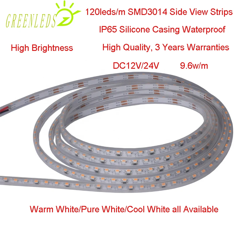 

LED SMD3014 Side View Strips IP67 Waterproof 120LEDs/m DC12/24V 9.6w/m Warm White/Pure White/Cool White 3 Years Warranties
