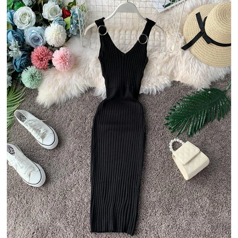 Винтажное однотонное женское платье сексуальное лето 2020 стрейч v-образный вырез