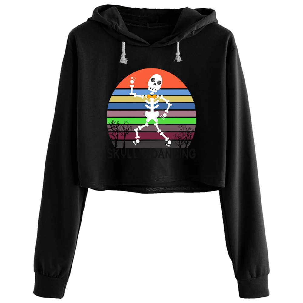 

Dancing Skeletons Crop Hoodies Women Emo Aesthetic Kpop Korean Pullover For Girls
