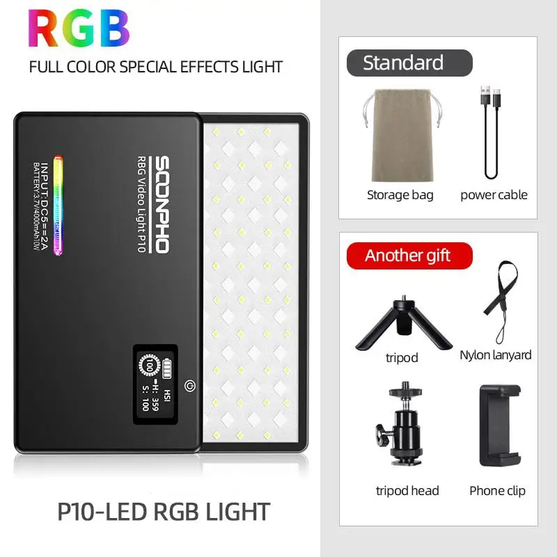 

Soonpho P10 Built-in battery Full Color Photoraphy Video Light Kit Dimmable 4000mAh 8W 2500K-8500K CRI 95+ RGB LED Video Light