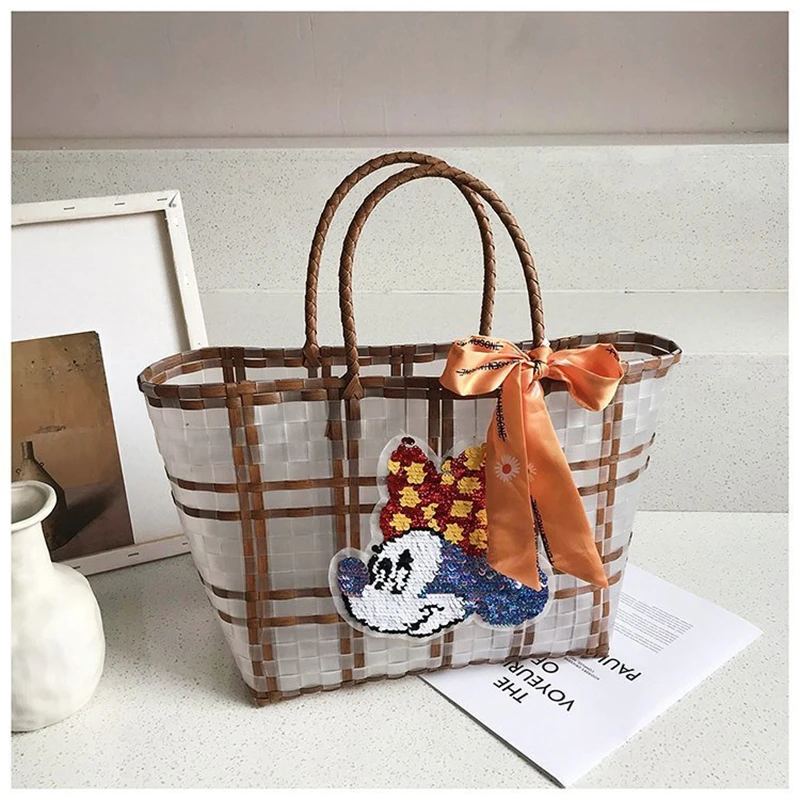 

Disney Mickey Mouse Ladies Handbag Cartoon Lady Tote Large Capacity Bag Women Weaving Bag Fashion Hand Travel Beach Bag