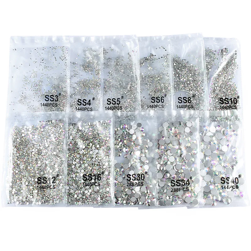

1440Pcs AB/Clear Flat Back Nail art Crystal Rhinestone Stones SS3/4/5/6/8/10/12/16/20 Non HotFix 3D Glass Strass Decorations