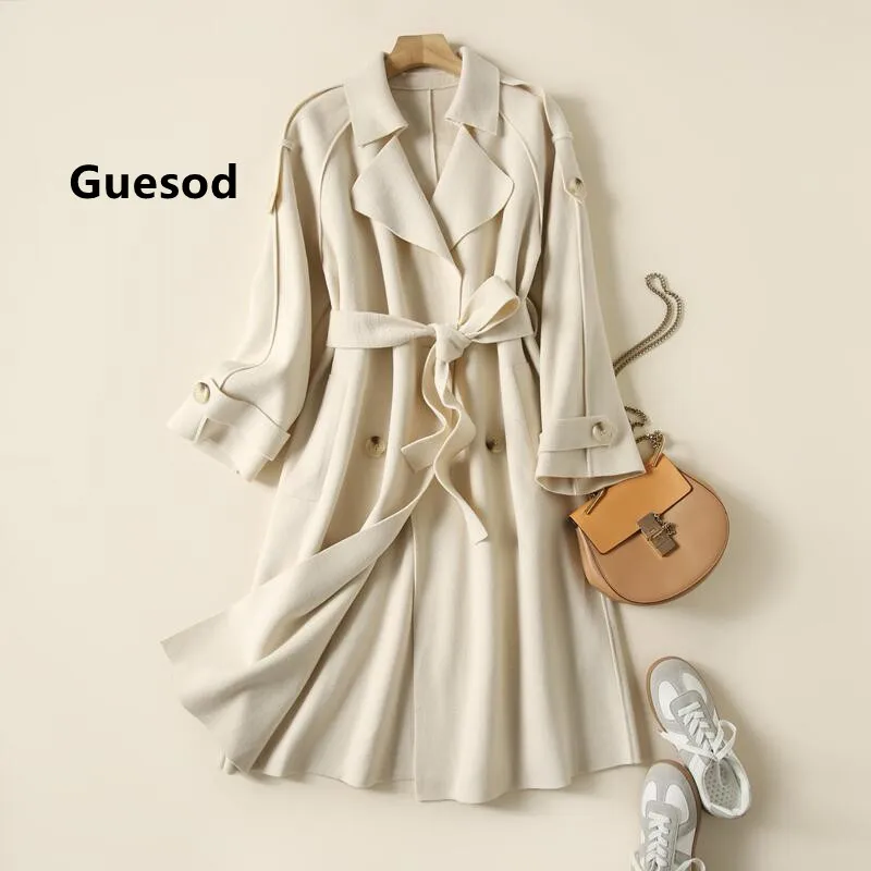 

Women Wool Coat 2021 Autumn Belt Medium Length Epaulet Trench Medium Length Woolen Elegant Thin Outerwear Female New Guesod