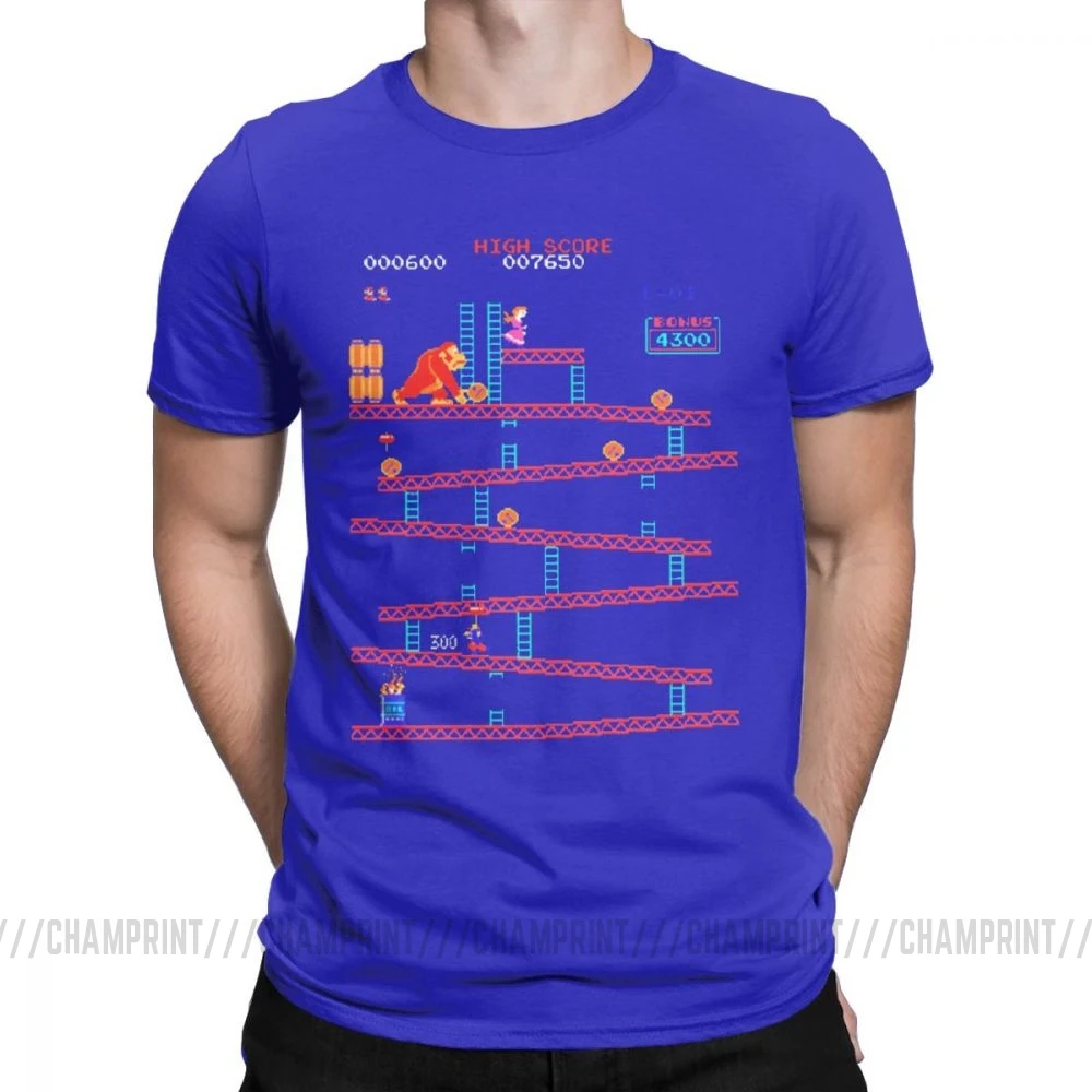 Футболки Donkey Kong для мужчин, аркадная игра, коллаж, винтажные футболки из чистого хлопка, вырез лодочкой, с коротким рукавом в стиле ретро, футболка, большие размеры, Забавные топы - Цвет: Синий
