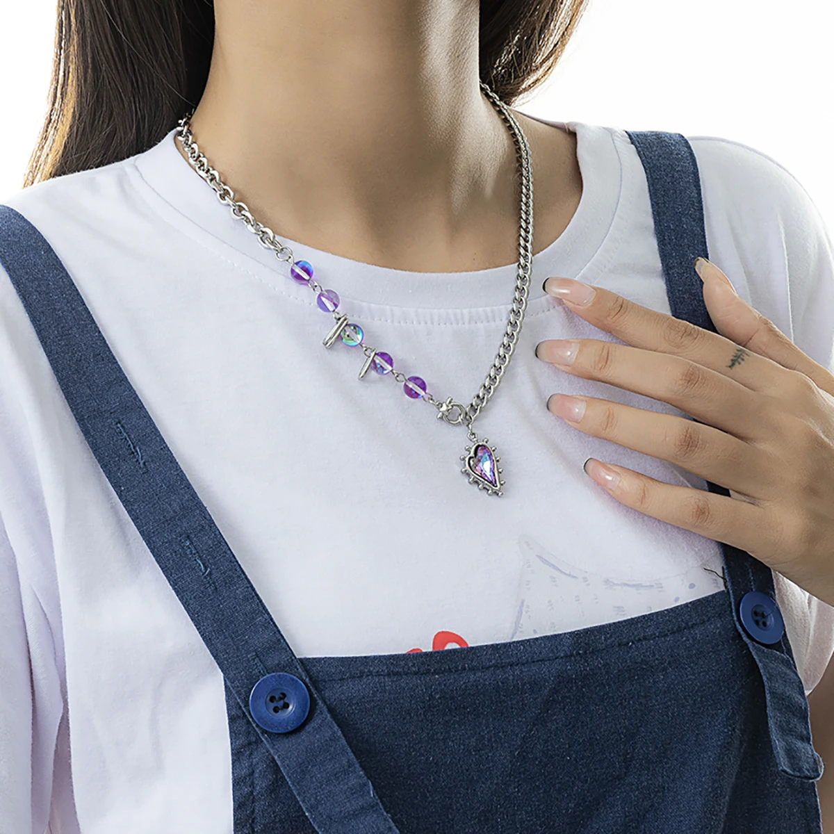

SHIXIN Y2K Asymmetry Stainless Steel Chain Purple Beaded Choker Necklaces for Women Vintage Heart Necklaces 2021 Fashion Jewelry