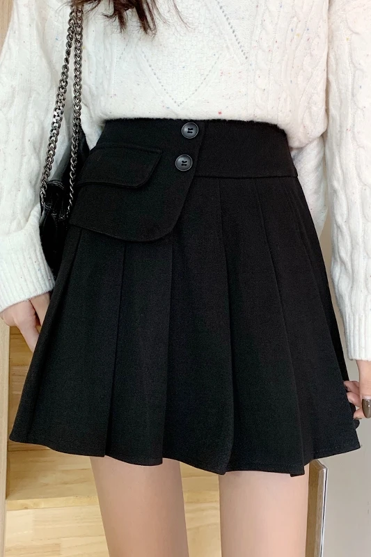 

WERUERUYU Women Winter Woolen Pleated Skirt Female Korean Style High Waist Short Skirt Fashion A-line Half-length Skirt
