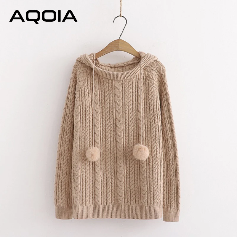 AQOIA элегантный вязаный женский свитер однотонный длинный рукав свободный теплый
