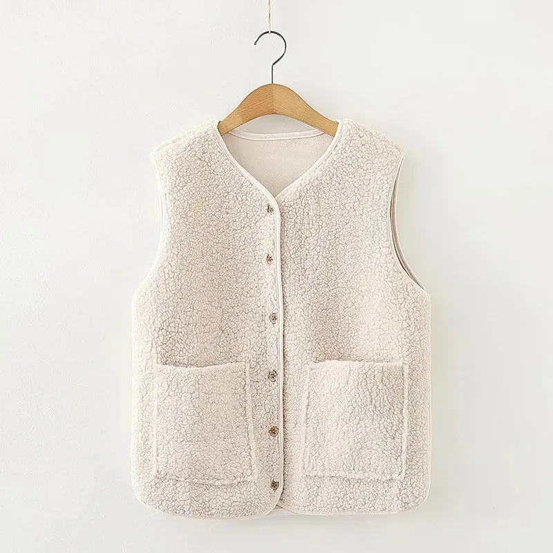 

Women's Lamb Wool Short Cardigan Korean Style V-Neck Sleeveless Waistcoat 2021 New Autumn Winter Solid Color Female Woolen Tops