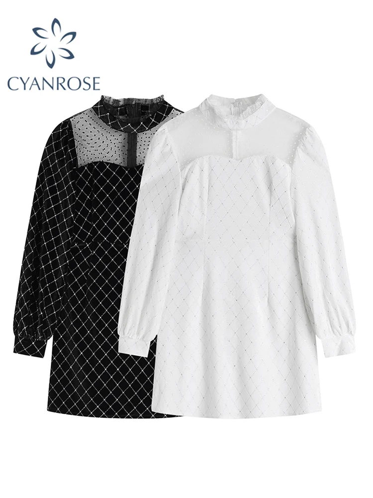 

Vintage Mesh Patchwork Velvet Mini Dress For Women O-Neck Long Sleeve Dress Female Trendy Elegant High Waist Slim A-line Frocks