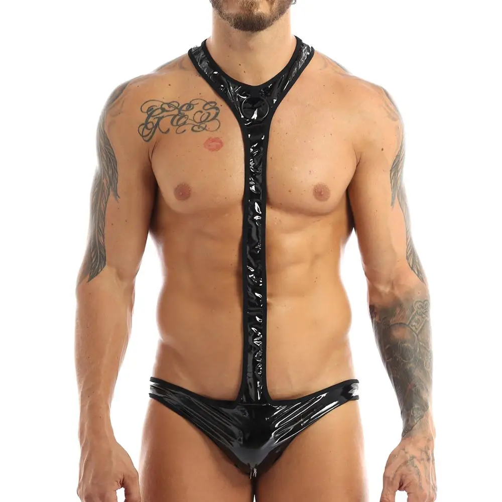 

Mens Male Latex Sexy Exotic Bodysuit Faux Leather Bodystocking Open Butt Wrestling Singlet Gay Jockstraps Sexy Costumes Clubwear