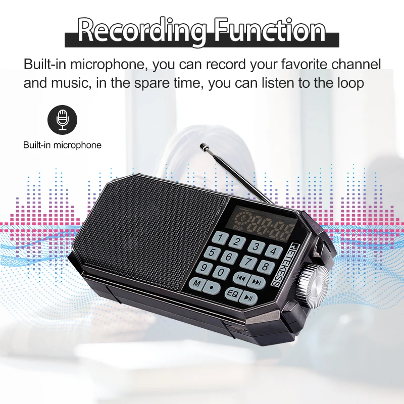 

Retekess TR610 Bluetooth FM radio with headphone jack supports T-flash (TF) card to read music from U disk supports Recording