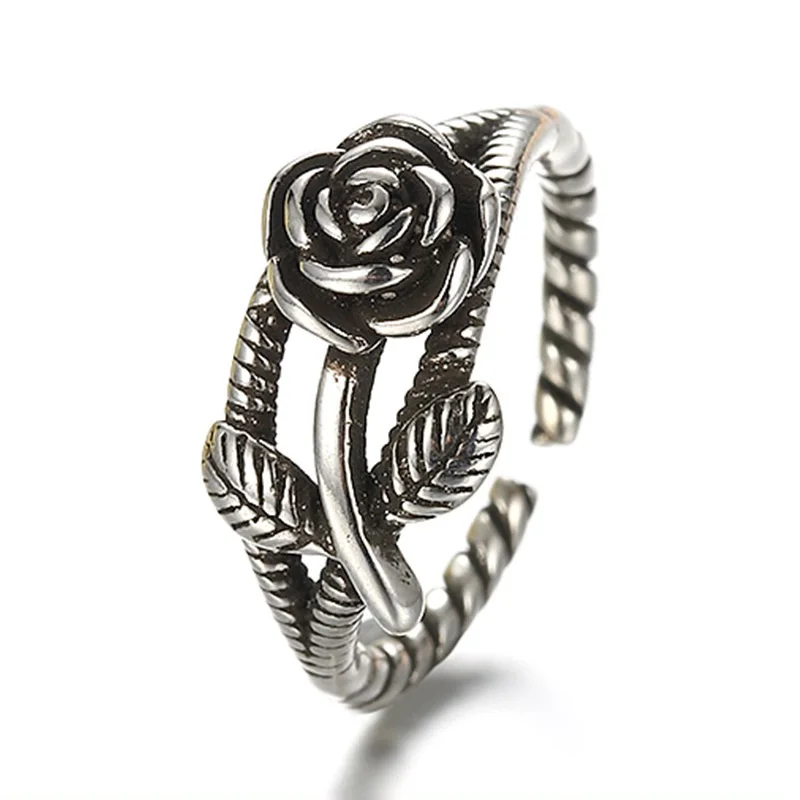 

Rose flower twine line Korean ring opening distressed vintage silver ring ladies wild temperament jewelry lover gift