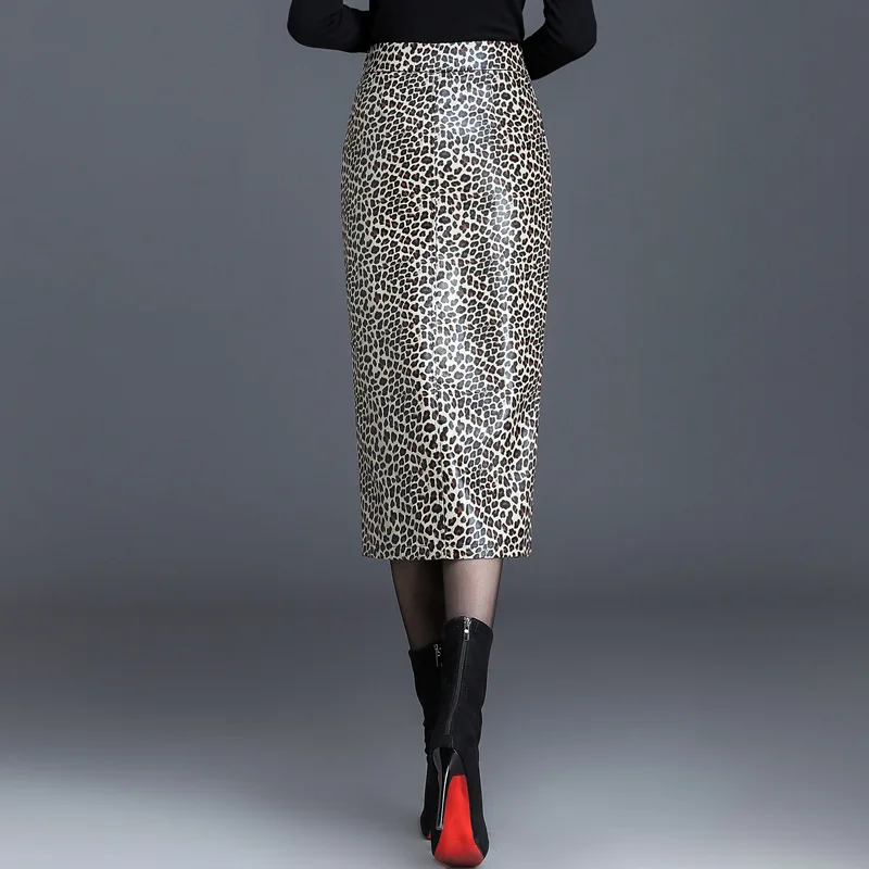 Leopard PU Leather Skirt Women 2021 New Midi Sexy High Waist Bodycon Split Office Pencil Plus Size | Женская одежда